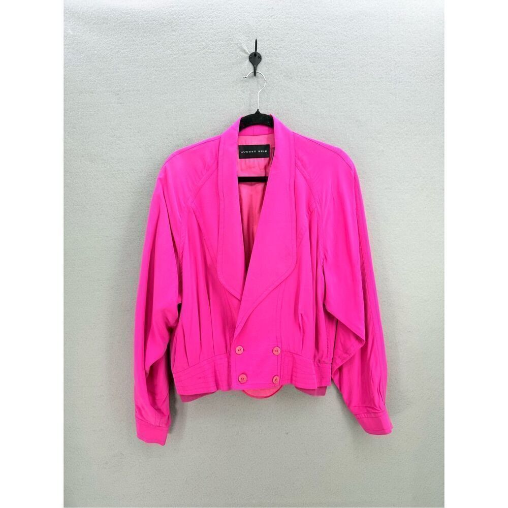 Vintage 80s August Silk Womens Pink Long Sleeve Pleated Cropped Top Blouse Mediu